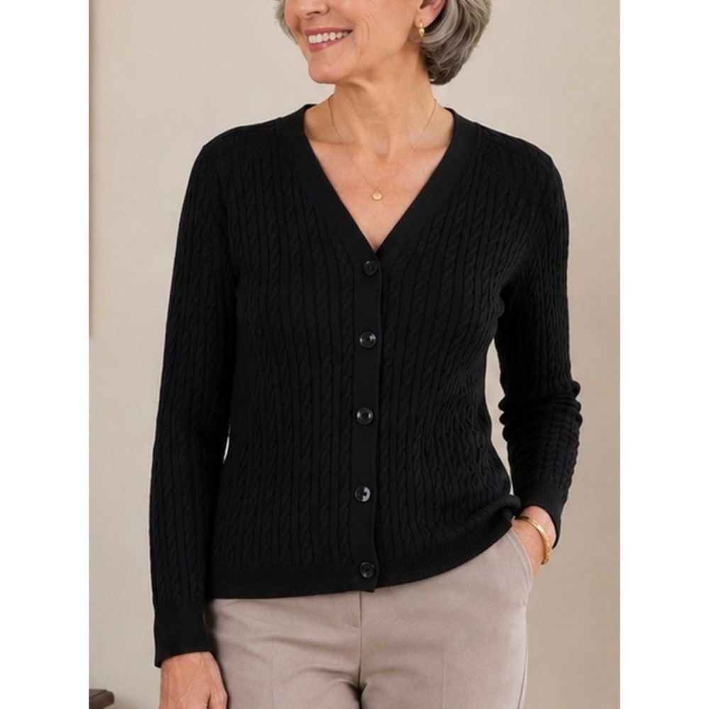 Talbots Black Cable Knit Cardigan Size MP V-Neck Button Front Cotton Sweater